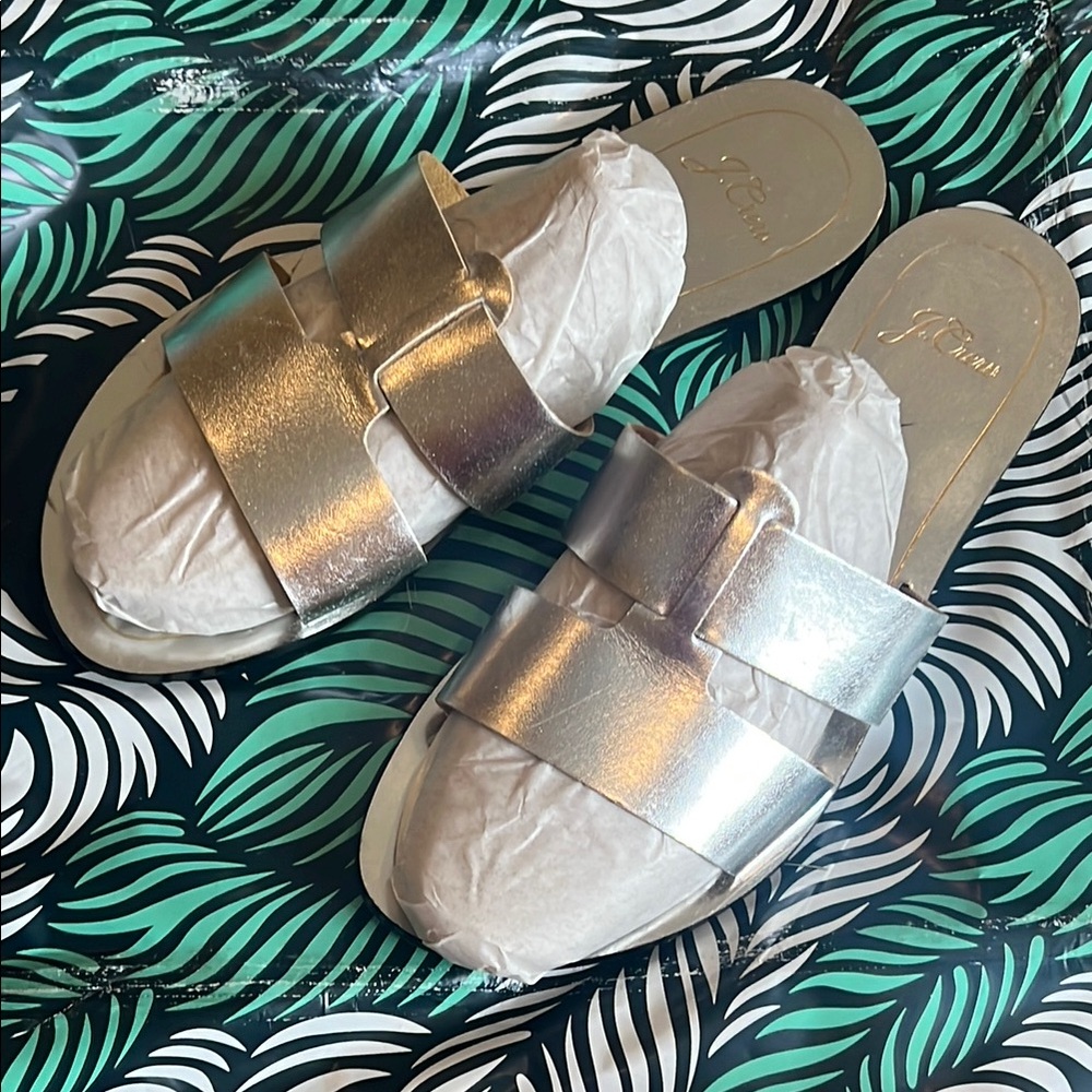 J. Crew Silver Slide Sandals